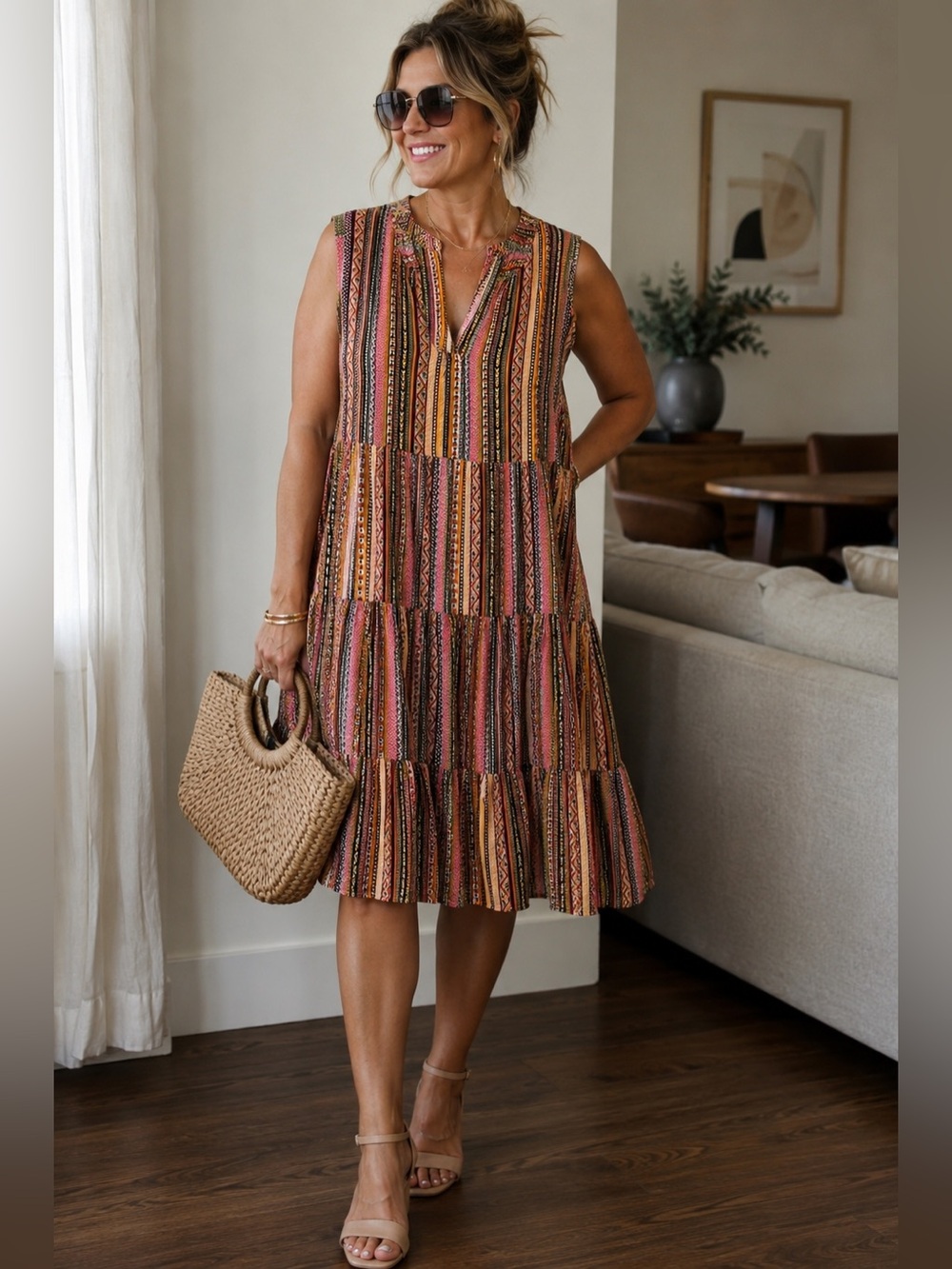 easel Sleeveless Tiered Midi Dress in Pink & Yellow Stripe